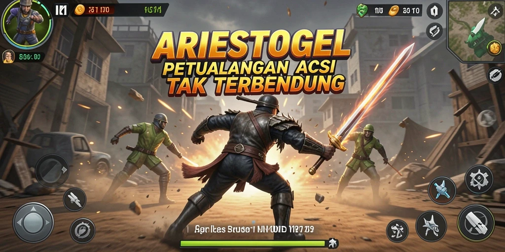 Tampilan aksi seru dalam gameplay ARIESTOGEL yang menantang.