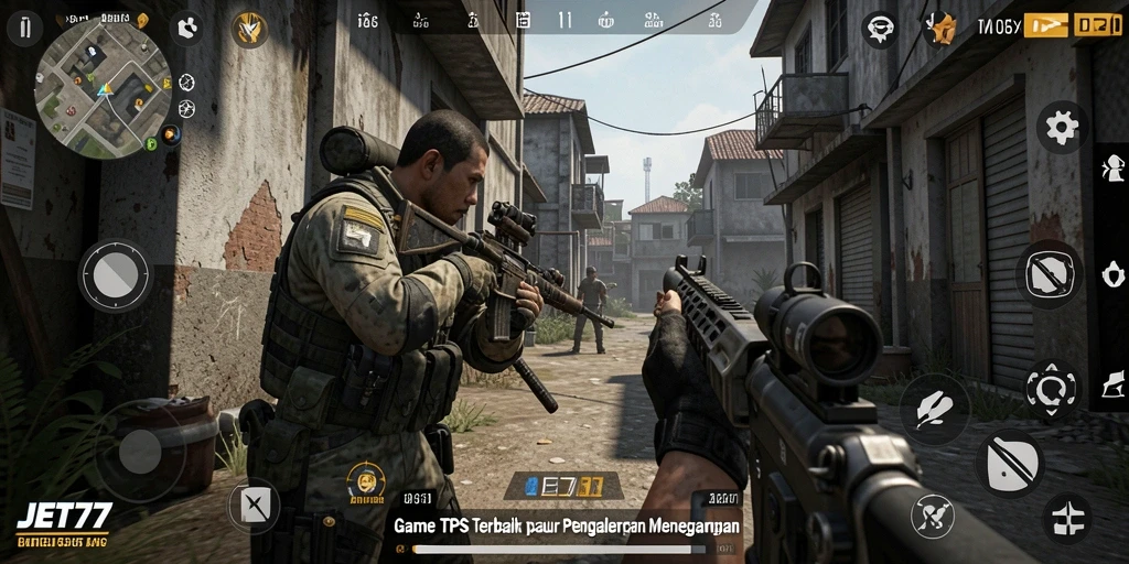 Screenshot utama JET77 menampilkan aksi mendebarkan dalam gameplay TPS.