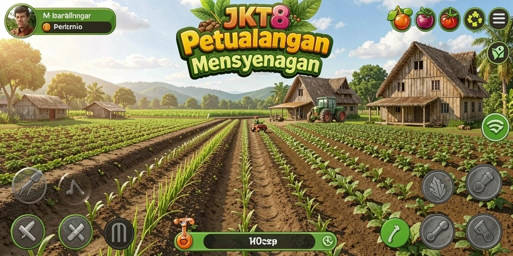 Tampilan gameplay JKT8 yang menampilkan aktivitas bertani secara menyenangkan.