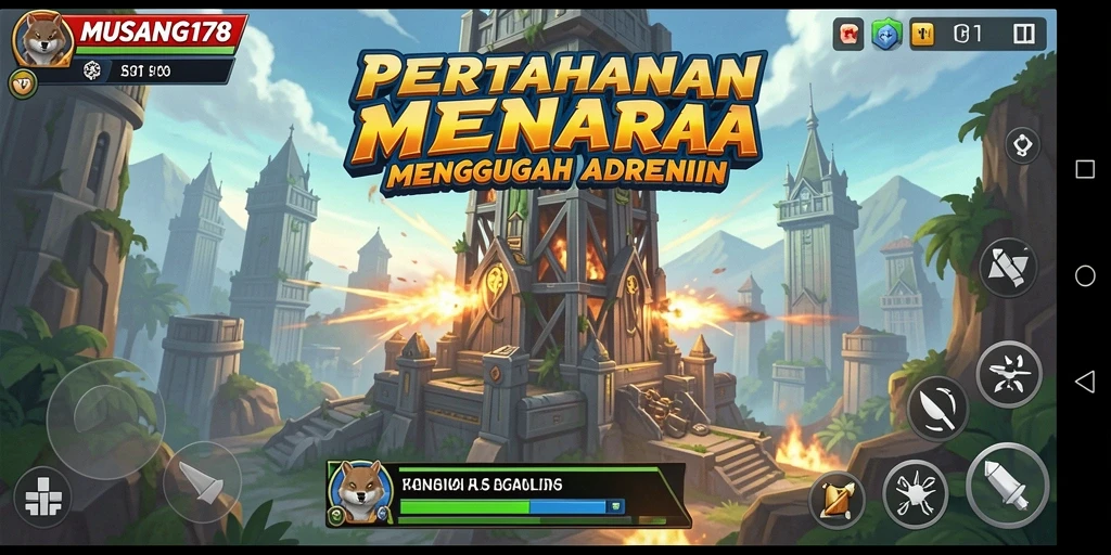 Screenshot gameplay MUSANG178 menampilkan aksi menara yang seru.