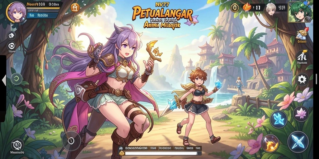 Tampilan gameplay NV77 dengan karakter Anime yang berwarna-warni.
