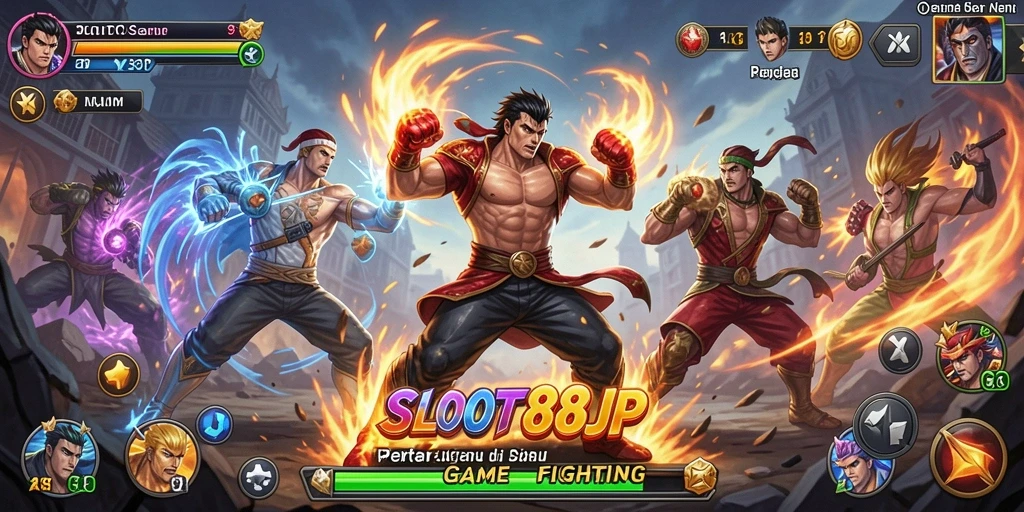 Screenshot utama SLOT88JP menampilkan pertarungan penuh aksi antara dua karakter.