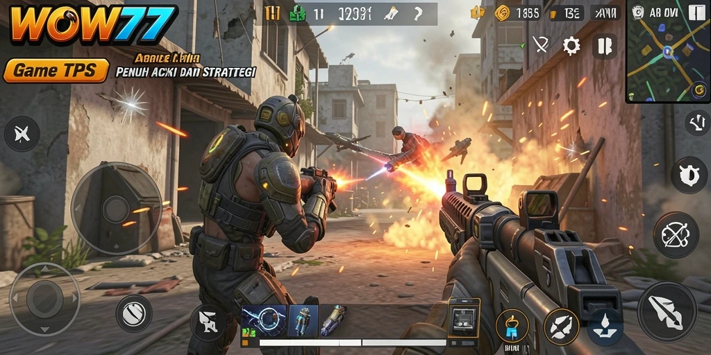 Screenshot game WOW77 menunjukkan aksi mendebarkan dalam pertempuran TPS.
