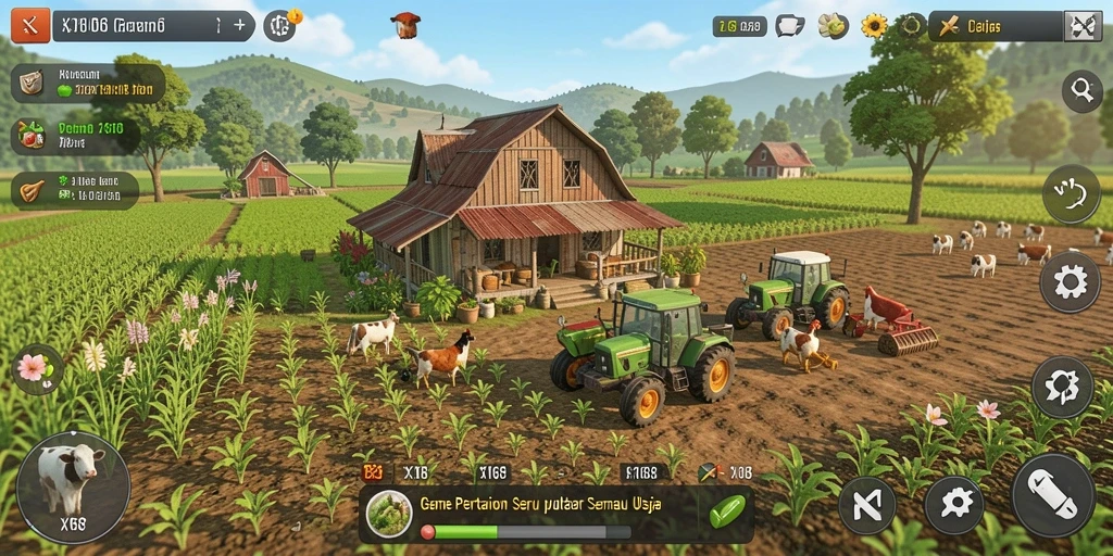 Tangkapan layar gameplay X168 yang penuh warna dalam bertani.