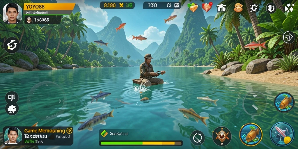 Gameplay YOYO88 dengan pemandangan indah saat memancing.